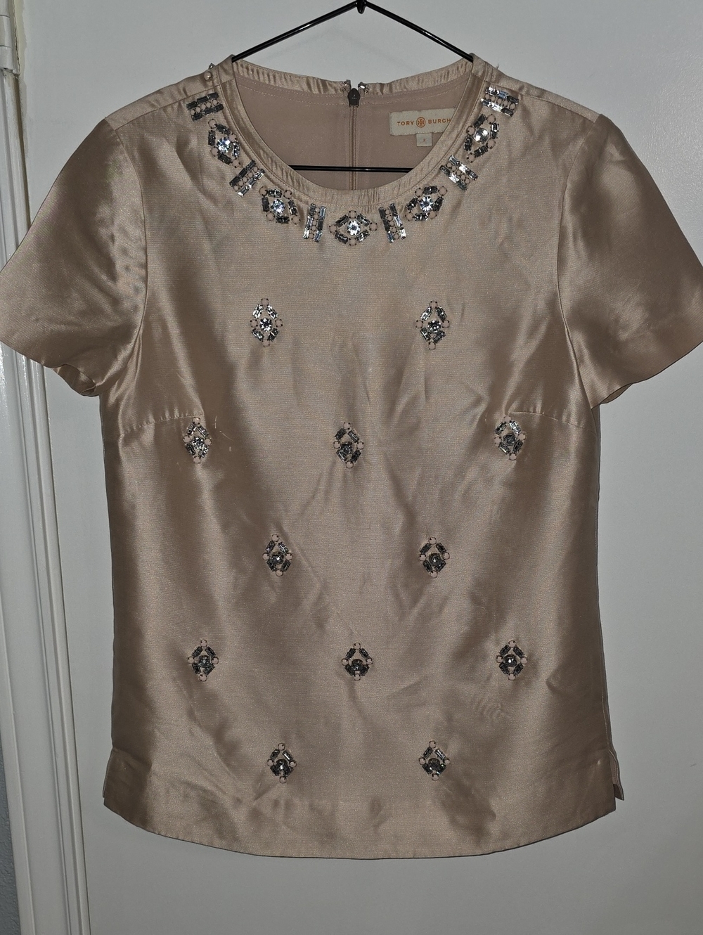 Tory Burch Champagne Satin Embellished Short-Sleeve Top